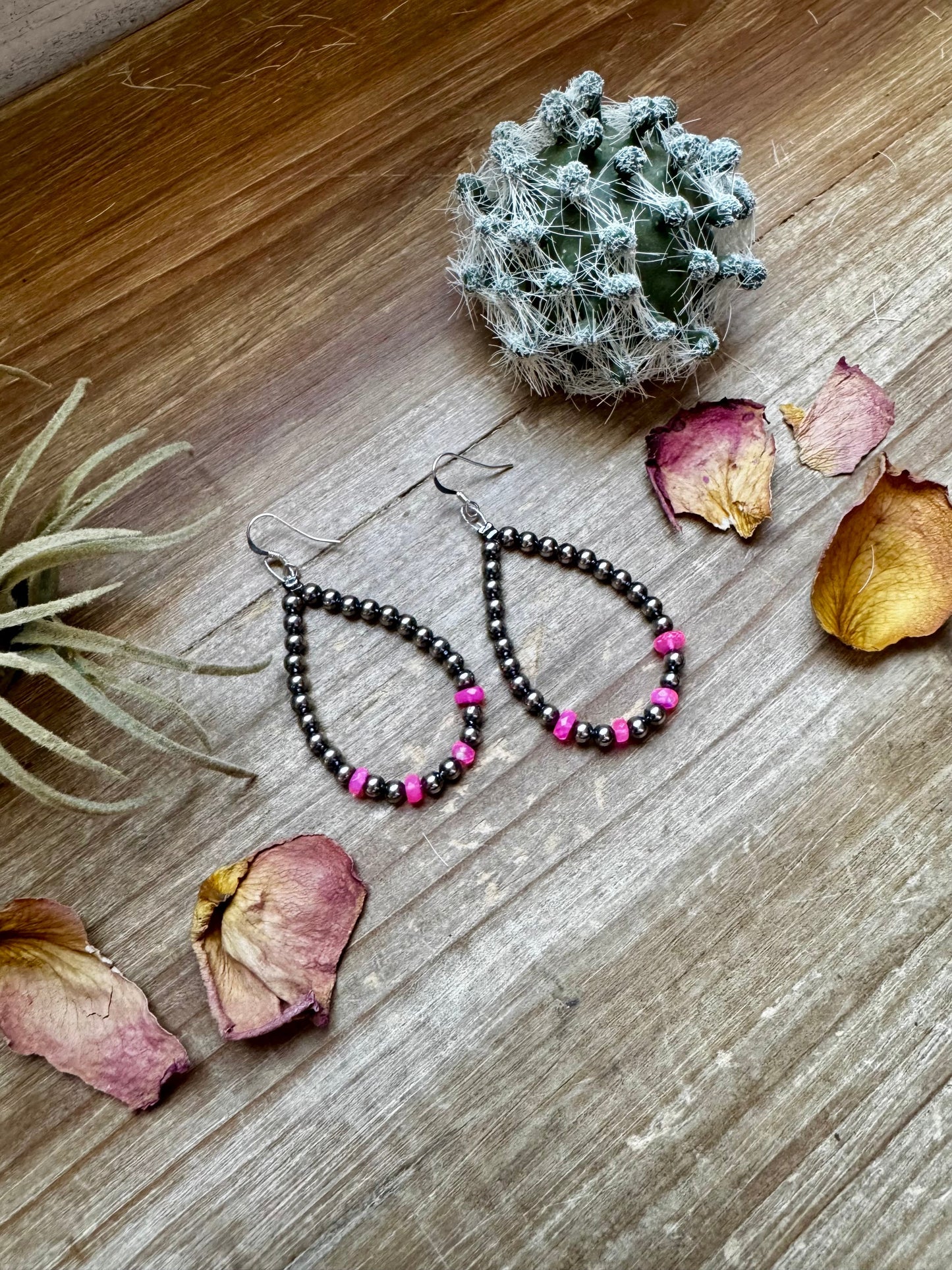 Sterling Silver Pearl Teardrop Earrings with Faceted pink Opal