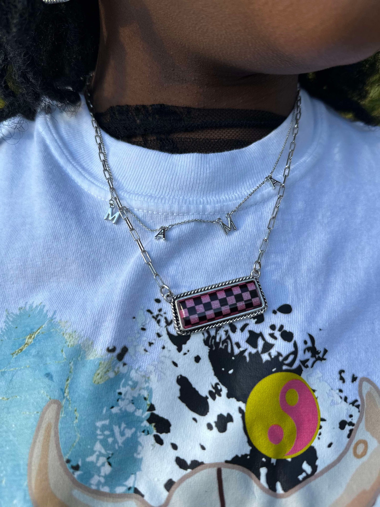Pink Checkered Bar Necklace