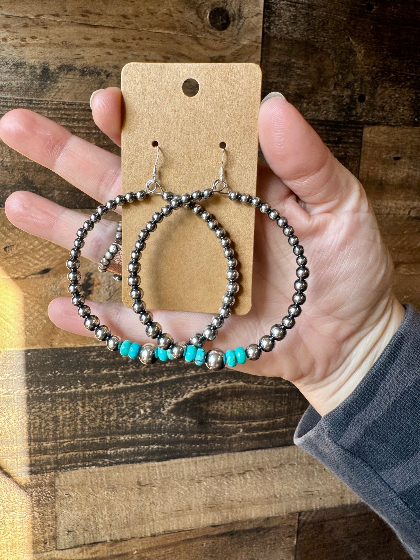 Big Sterling Silver Pearls Hoops with Turquoise