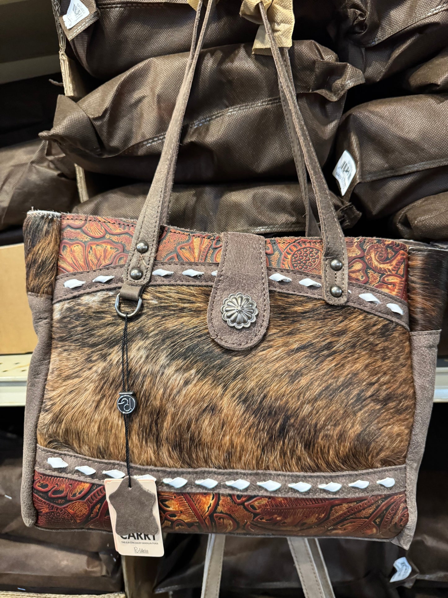 Concho Cowhide Tooled Leather Handbag Purse