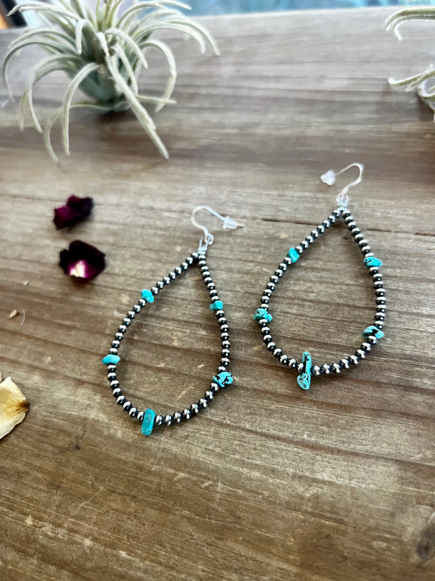 Sterling Silver Pearl Teardrop Earrings with blue turquoise nuggets