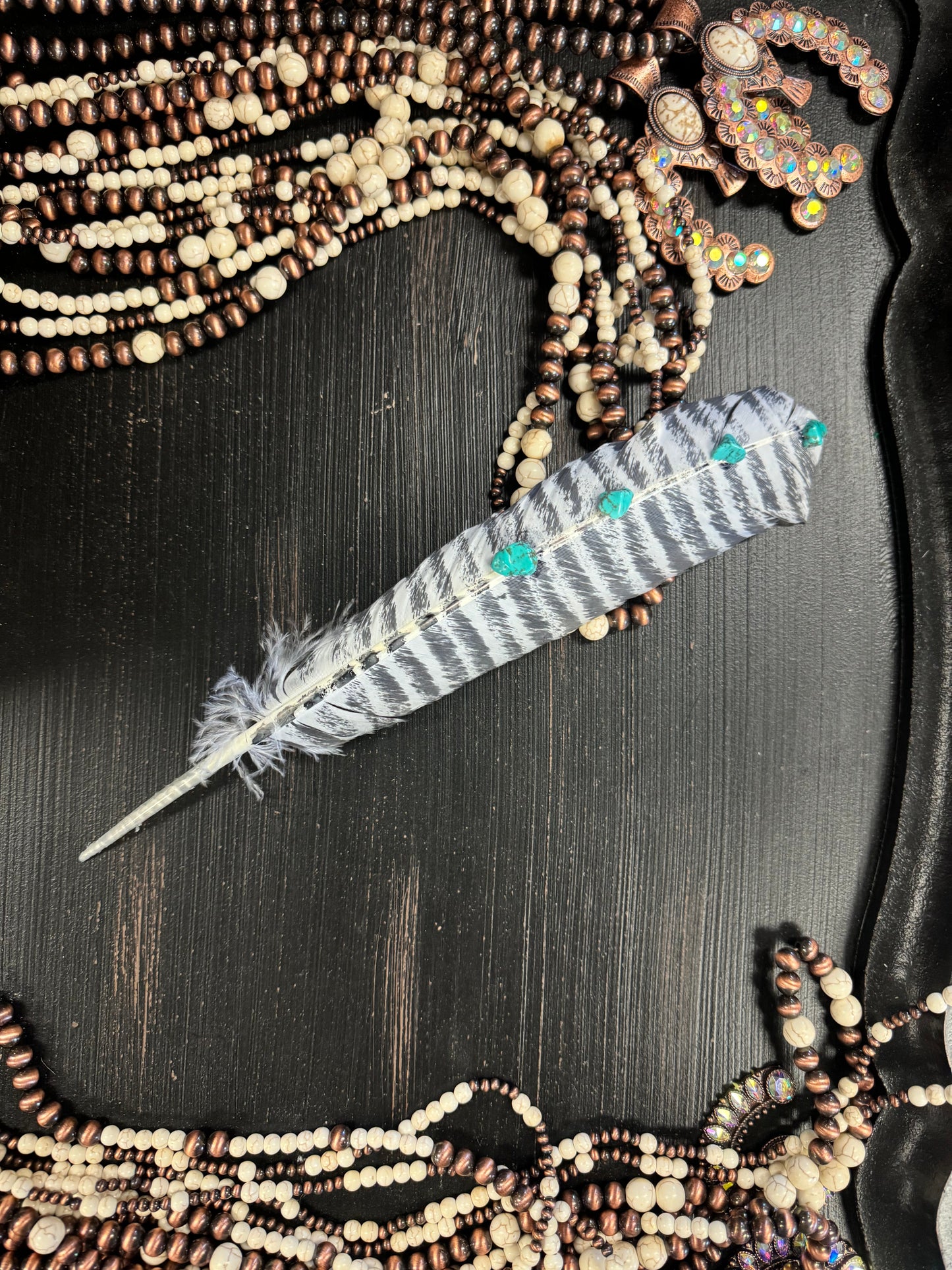 Turquoise Studded Premium White Barred Turkey Feather