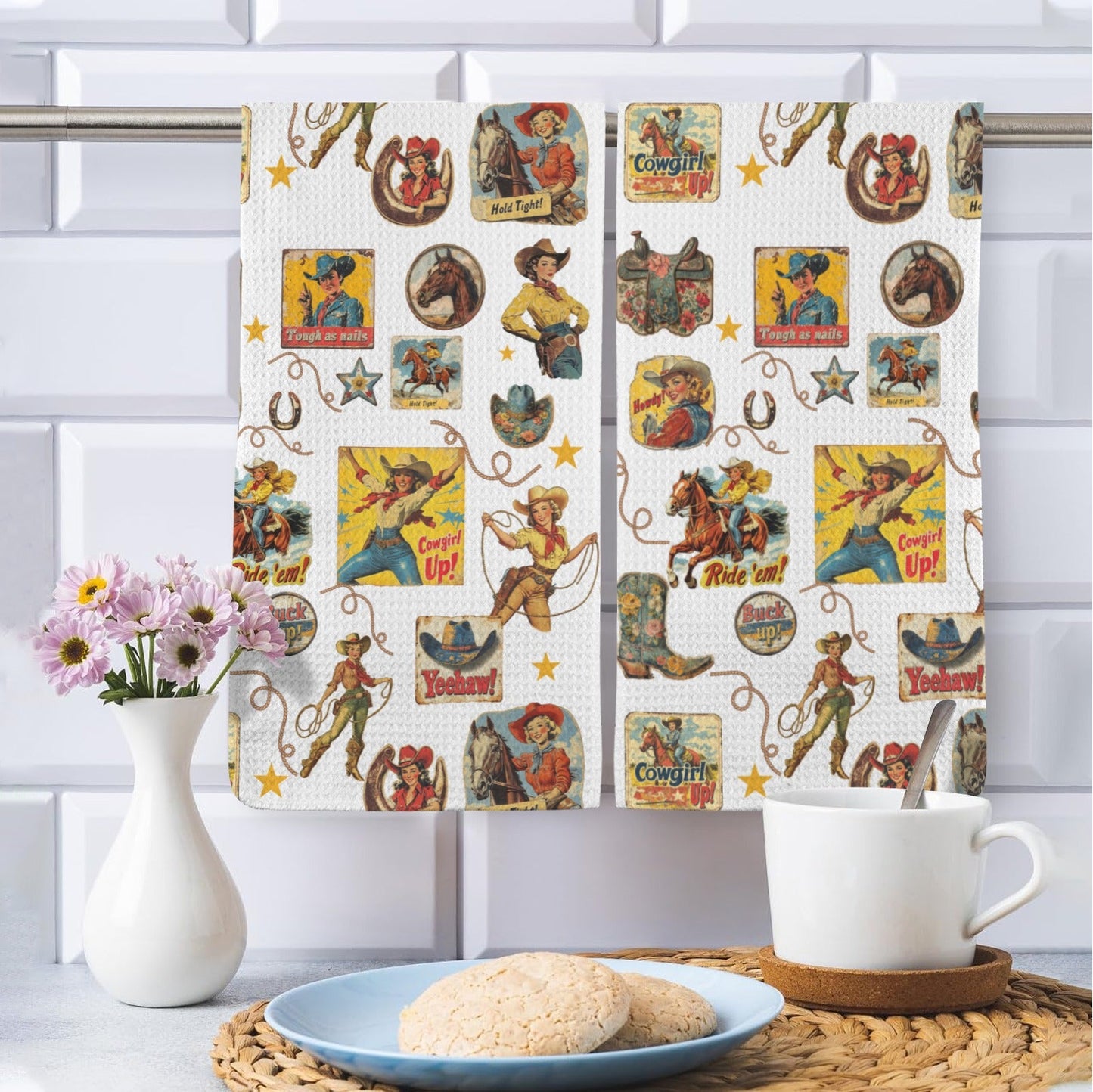 Vintage Cowgirl Collage Dish Towels Set of 2
