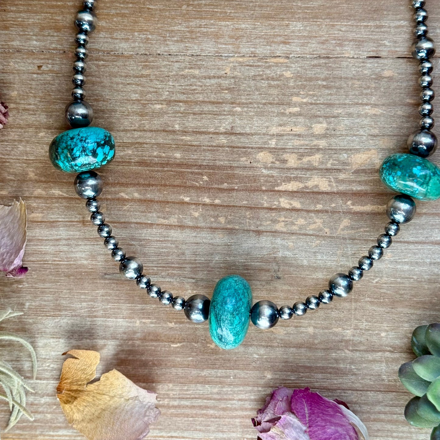 20” Turquoise Rondelle Necklace – Sterling Silver Pearls