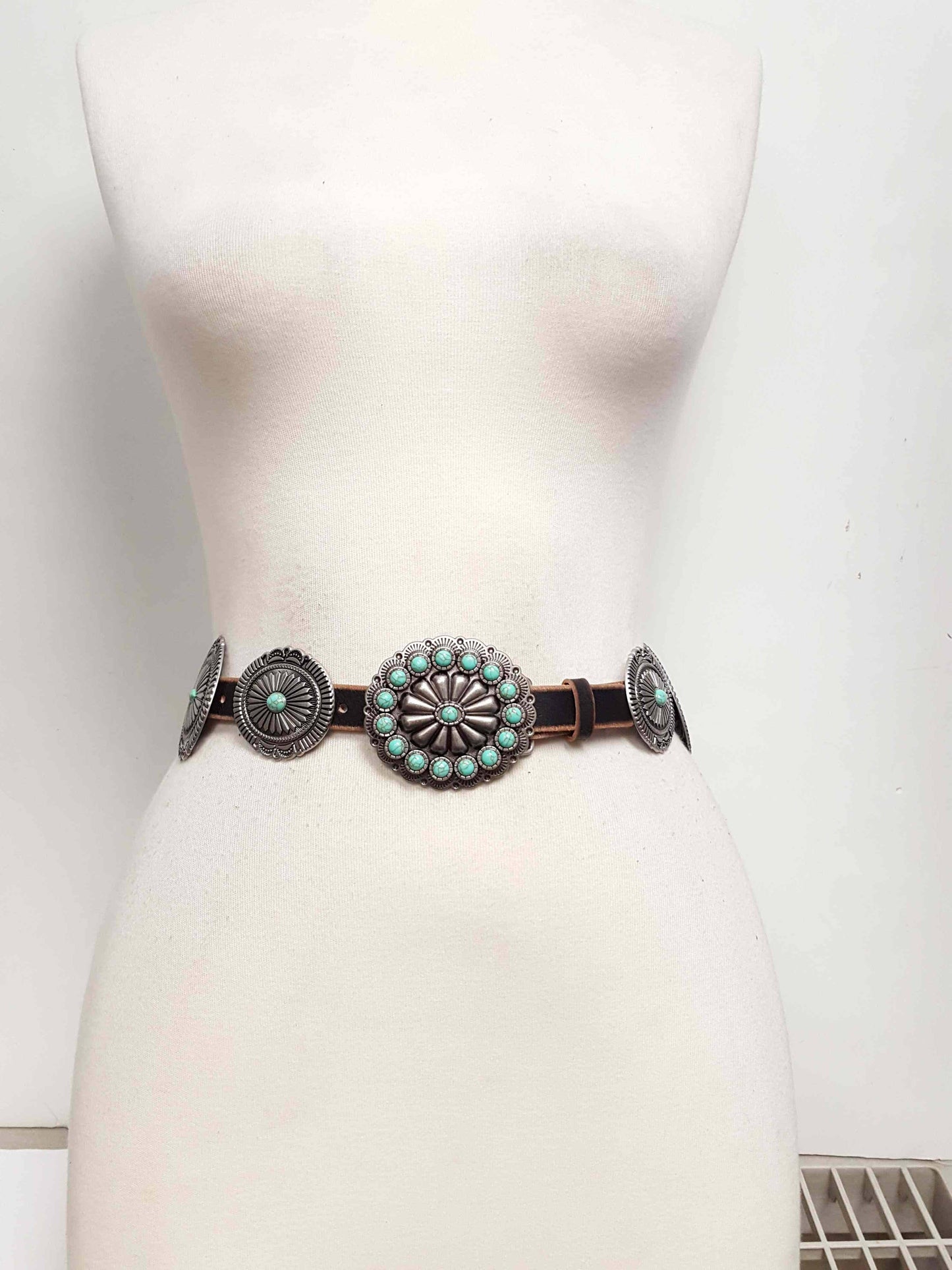 Genuine Distressed Leather Concho Belt with Faux Turquoise