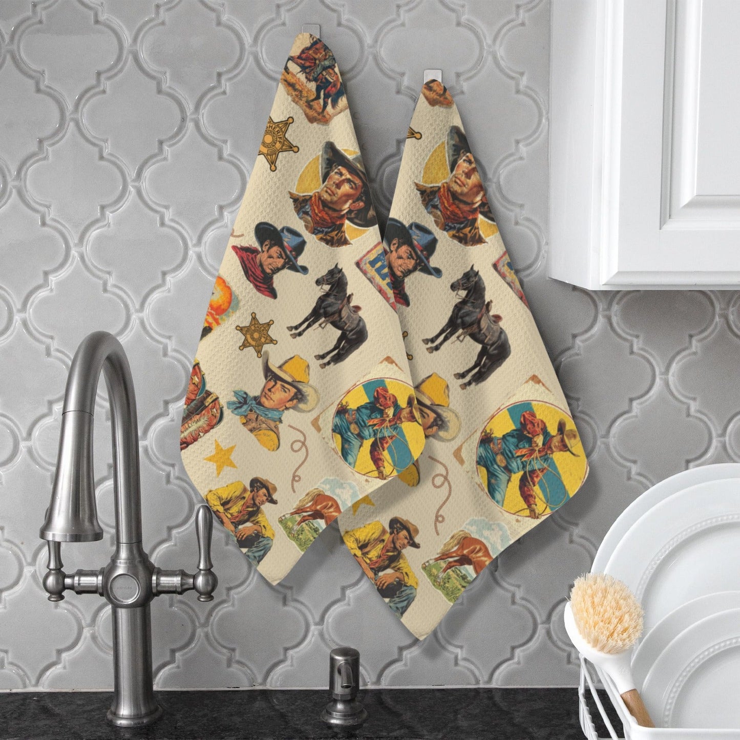 Vintage Cowboy Collage Set of 2 Dish Towels
