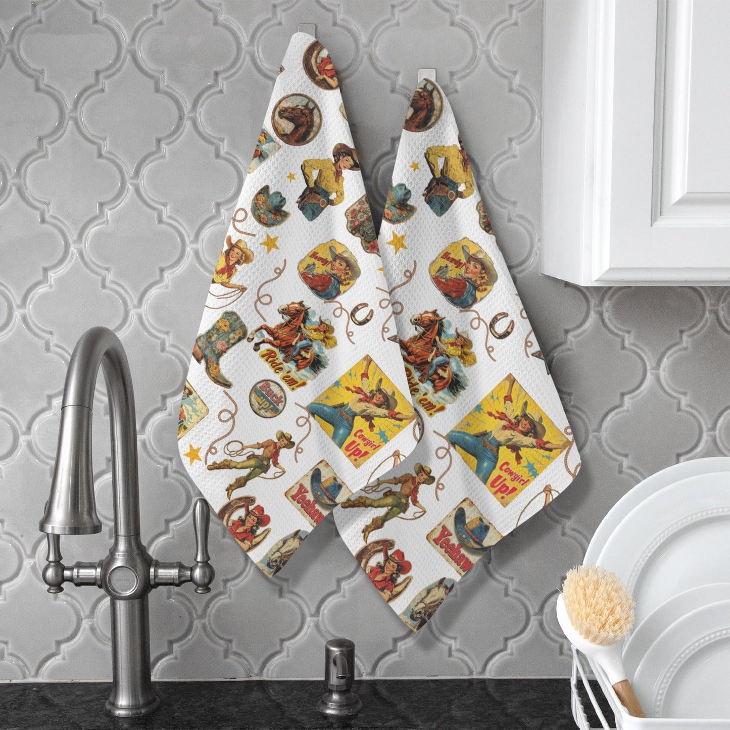Vintage Cowgirl Collage Dish Towels Set of 2