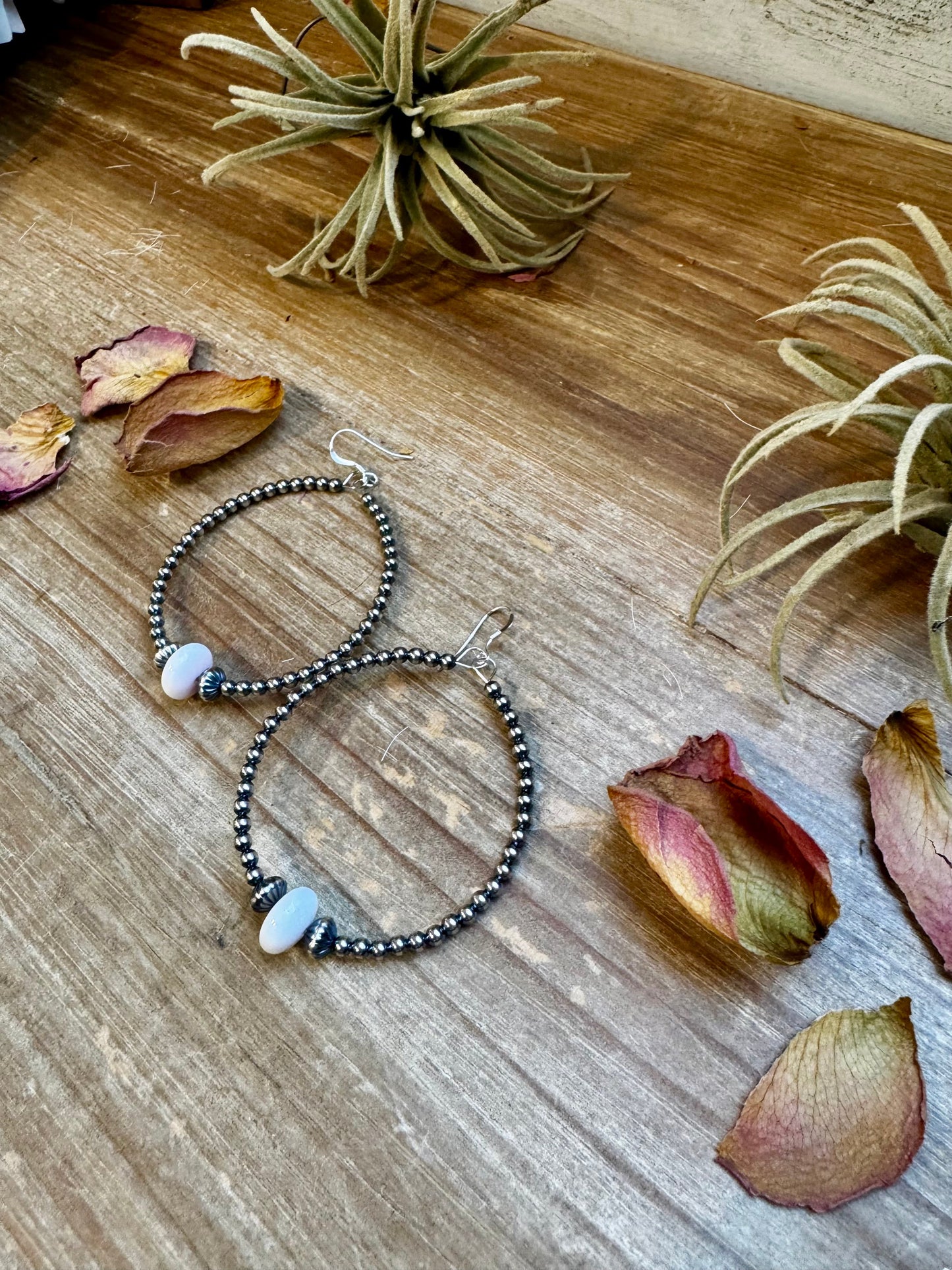 Sterling Silver Pearls Hoops with Pink Conch