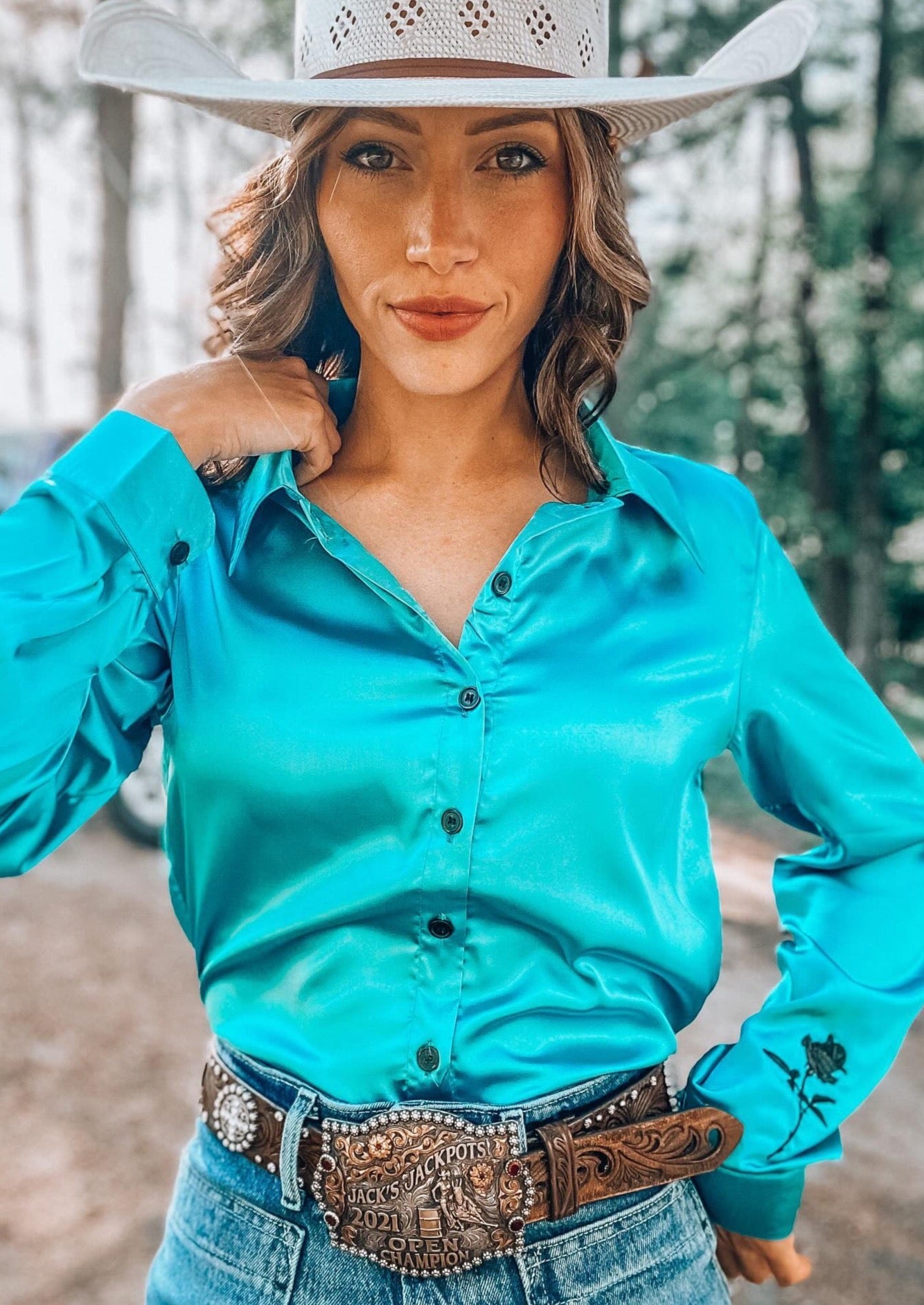 Aqua Southwest Satin Rodeo Shirt