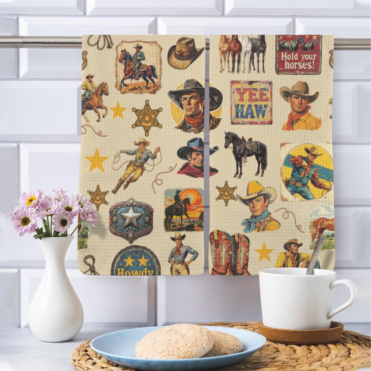 Vintage Cowboy Collage Set of 2 Dish Towels