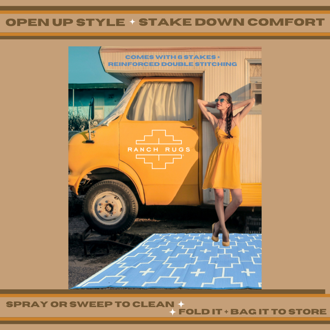 BLUE + IVORY - 6ft x 9ft - RANCH RUGS  -LAJITAS DESIGN-