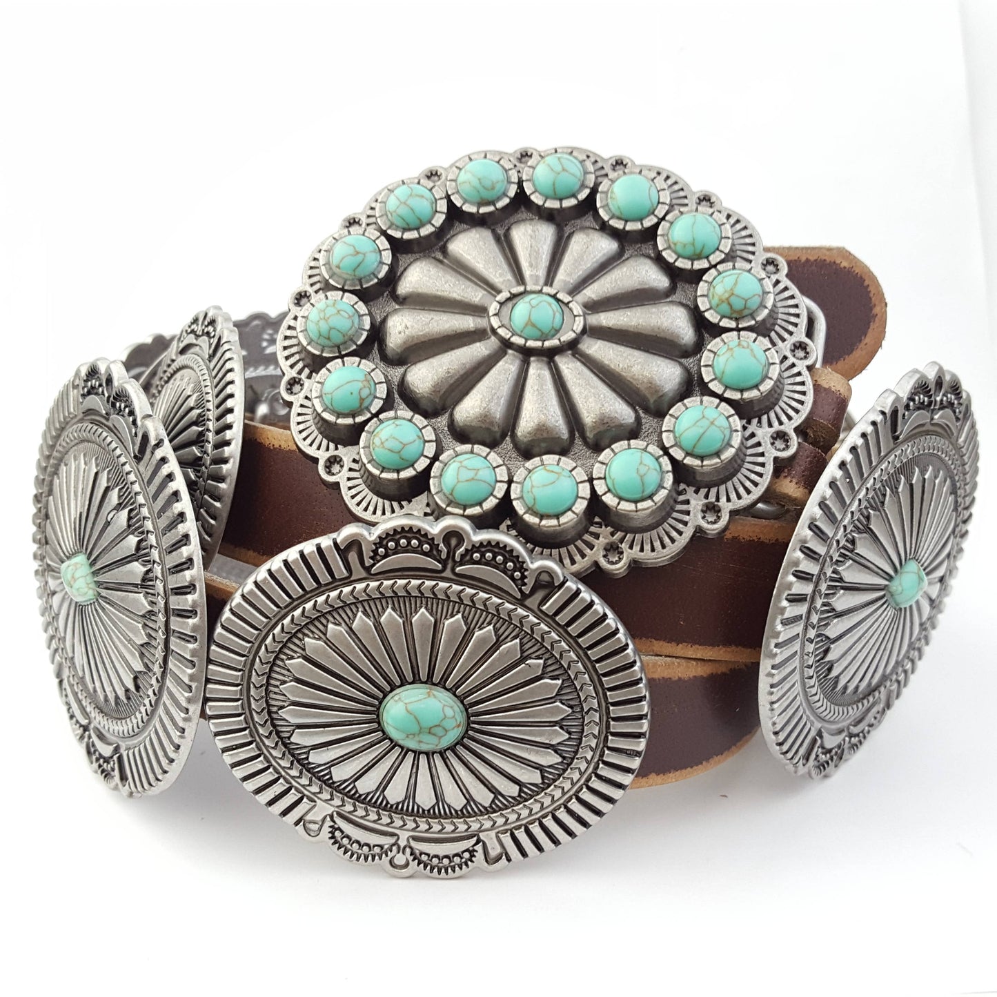 Genuine Distressed Leather Concho Belt with Faux Turquoise