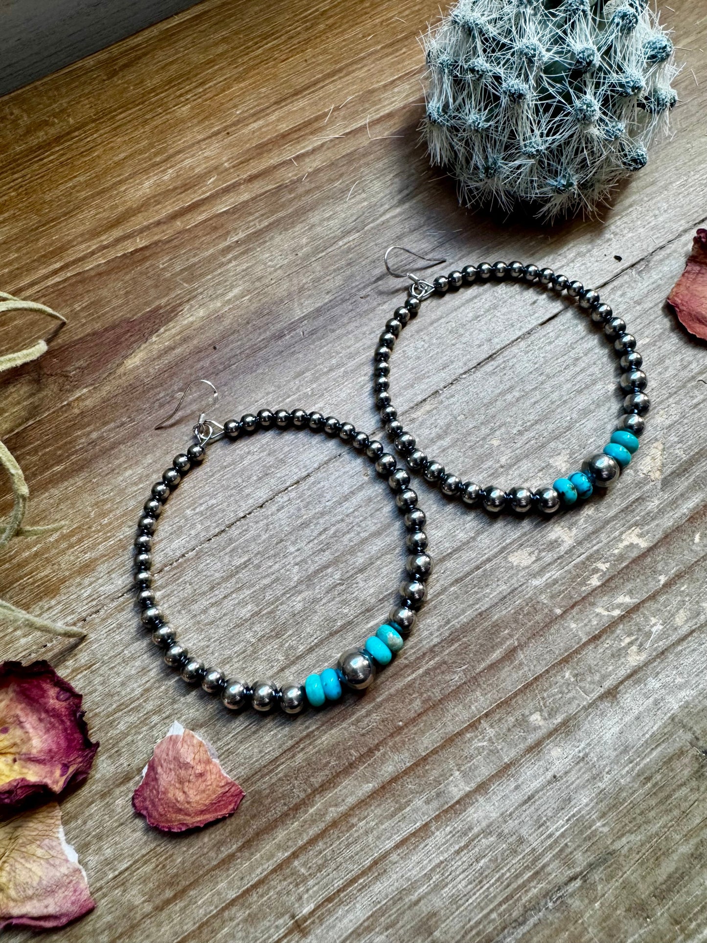 Big Sterling Silver Pearls Hoops with Turquoise