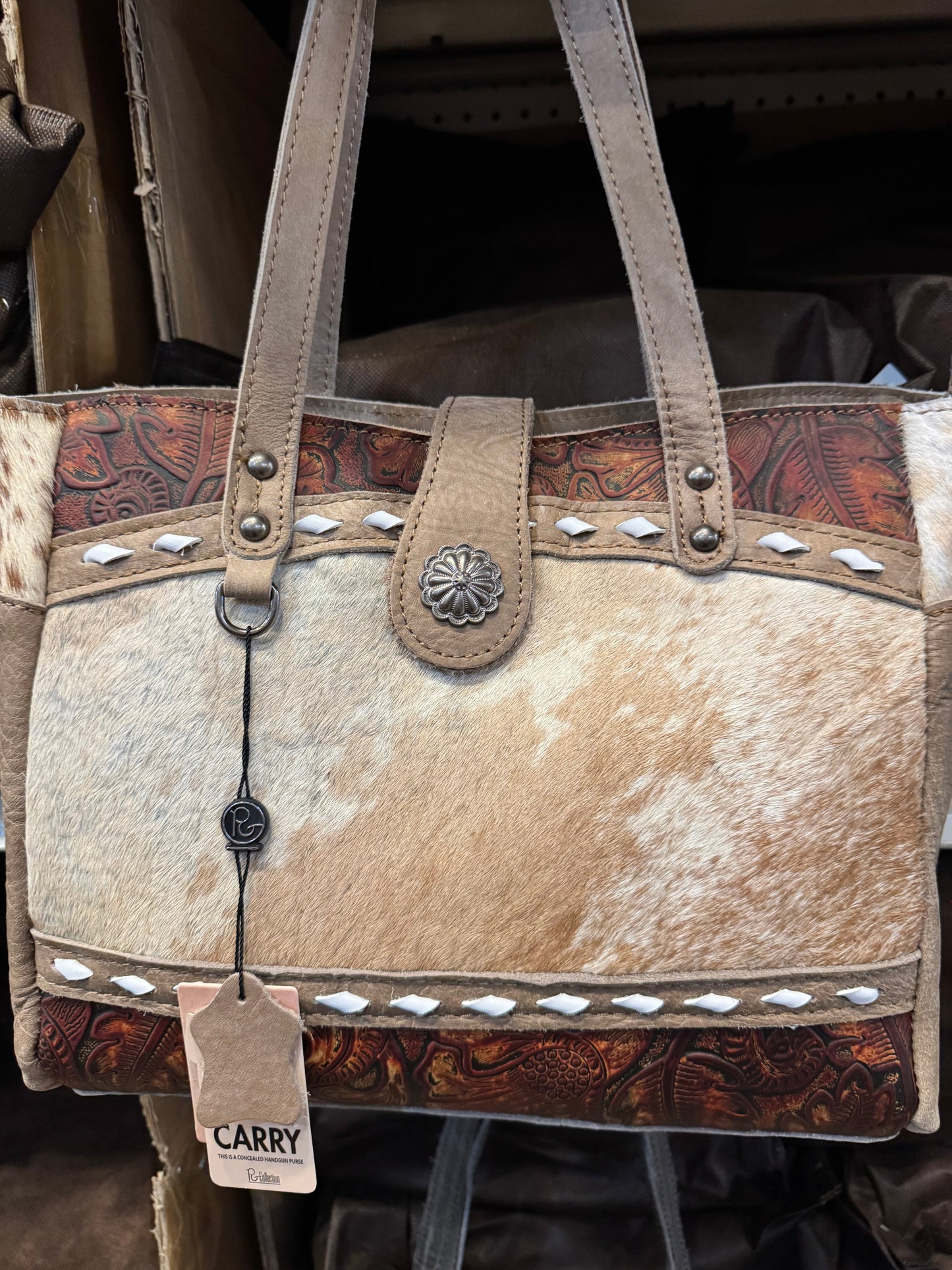 Concho Cowhide Tooled Leather Handbag Purse