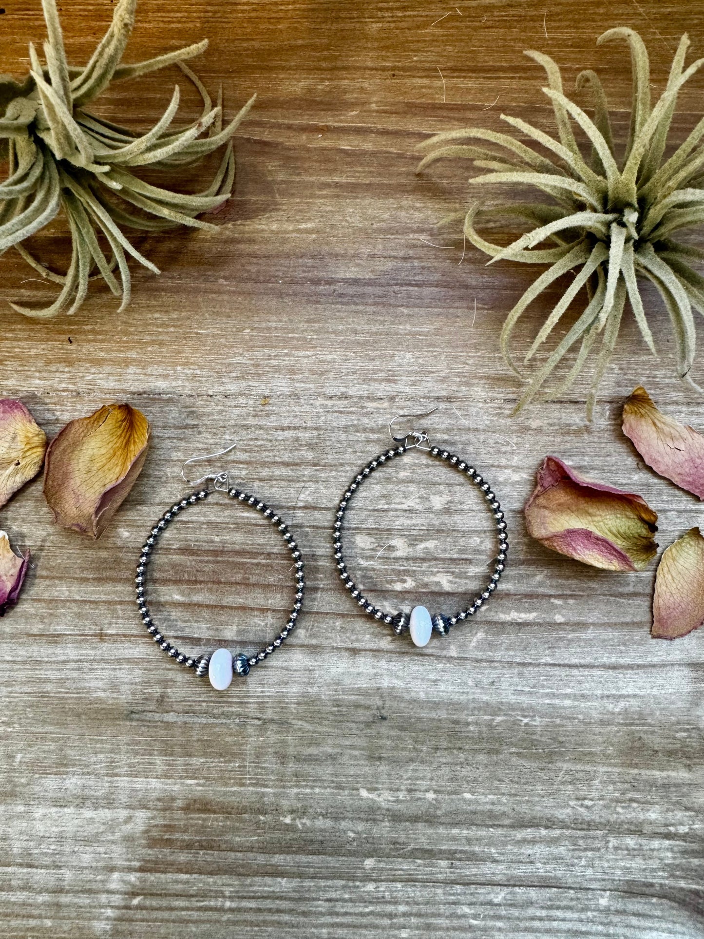 Sterling Silver Pearls Hoops with Pink Conch