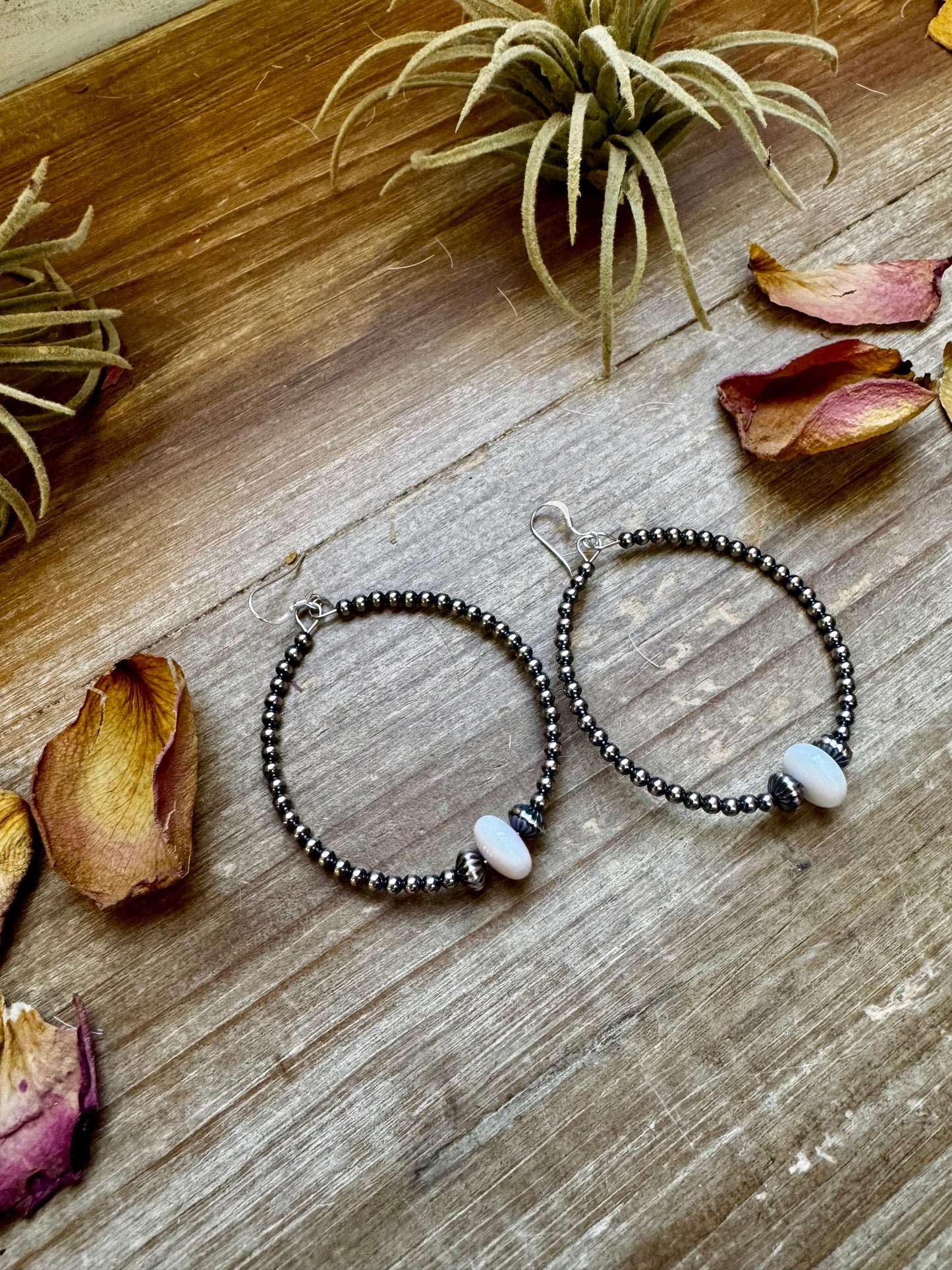 Sterling Silver Pearls Hoops with Pink Conch