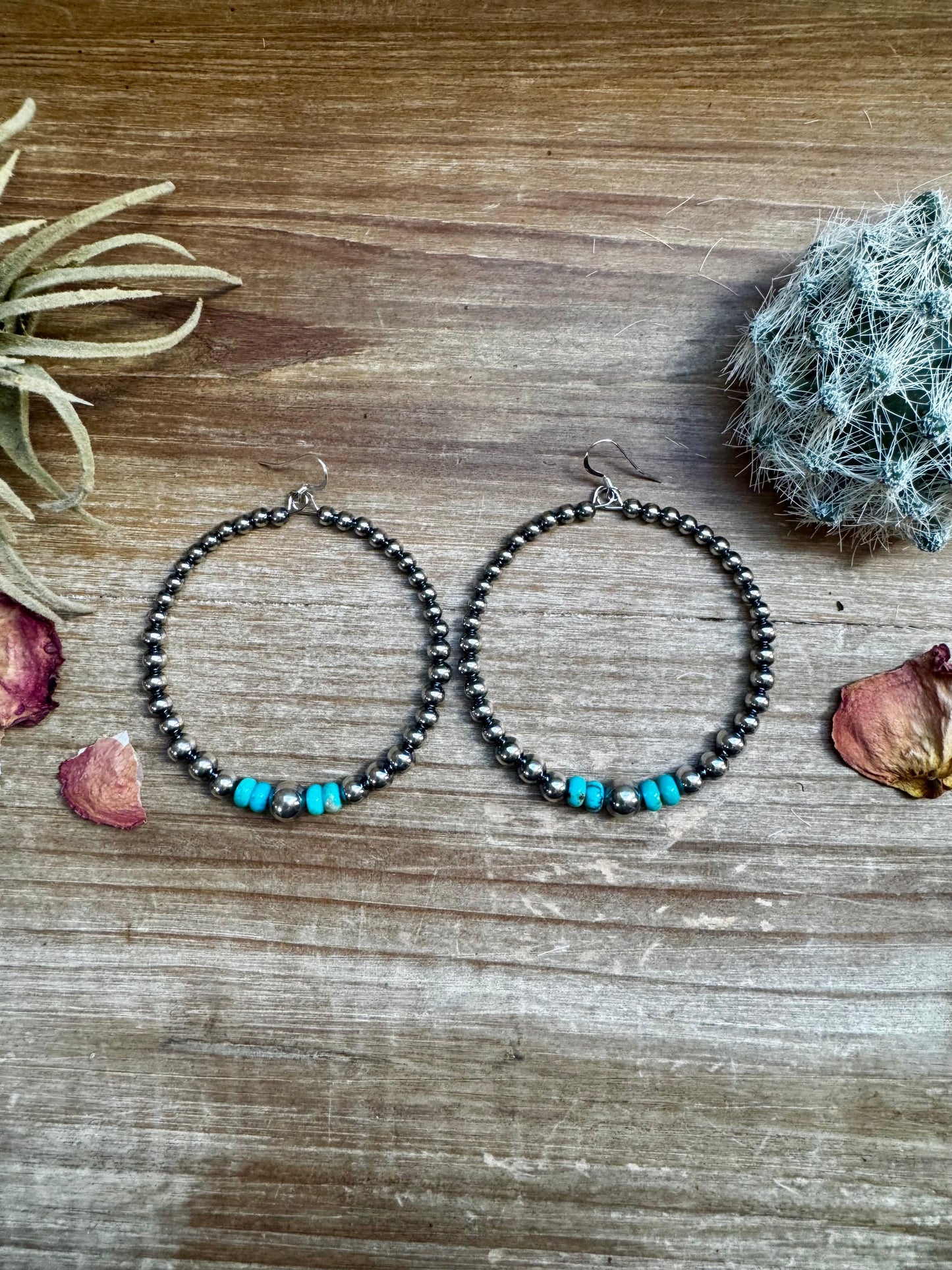 Big Sterling Silver Pearls Hoops with Turquoise