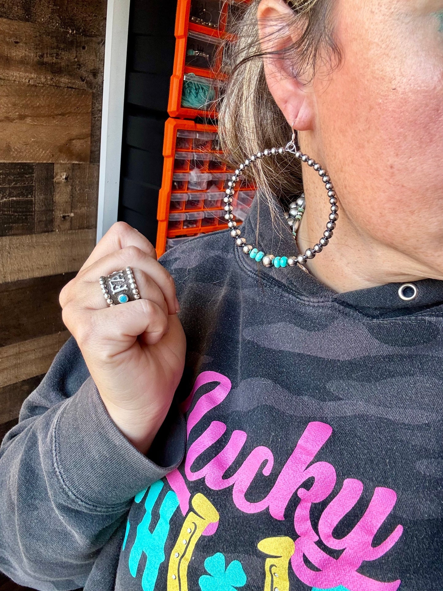 Big Sterling Silver Pearls Hoops with Turquoise