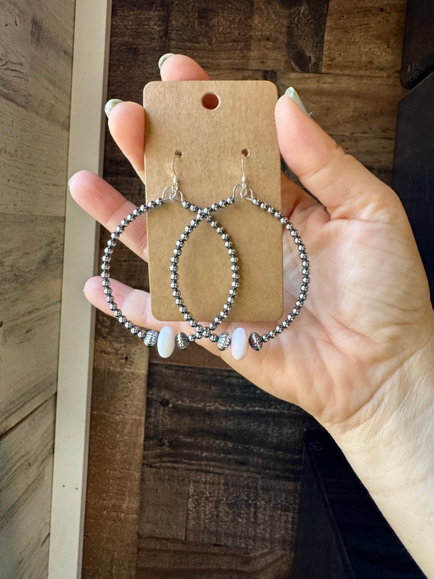 Sterling Silver Pearls Hoops with Pink Conch