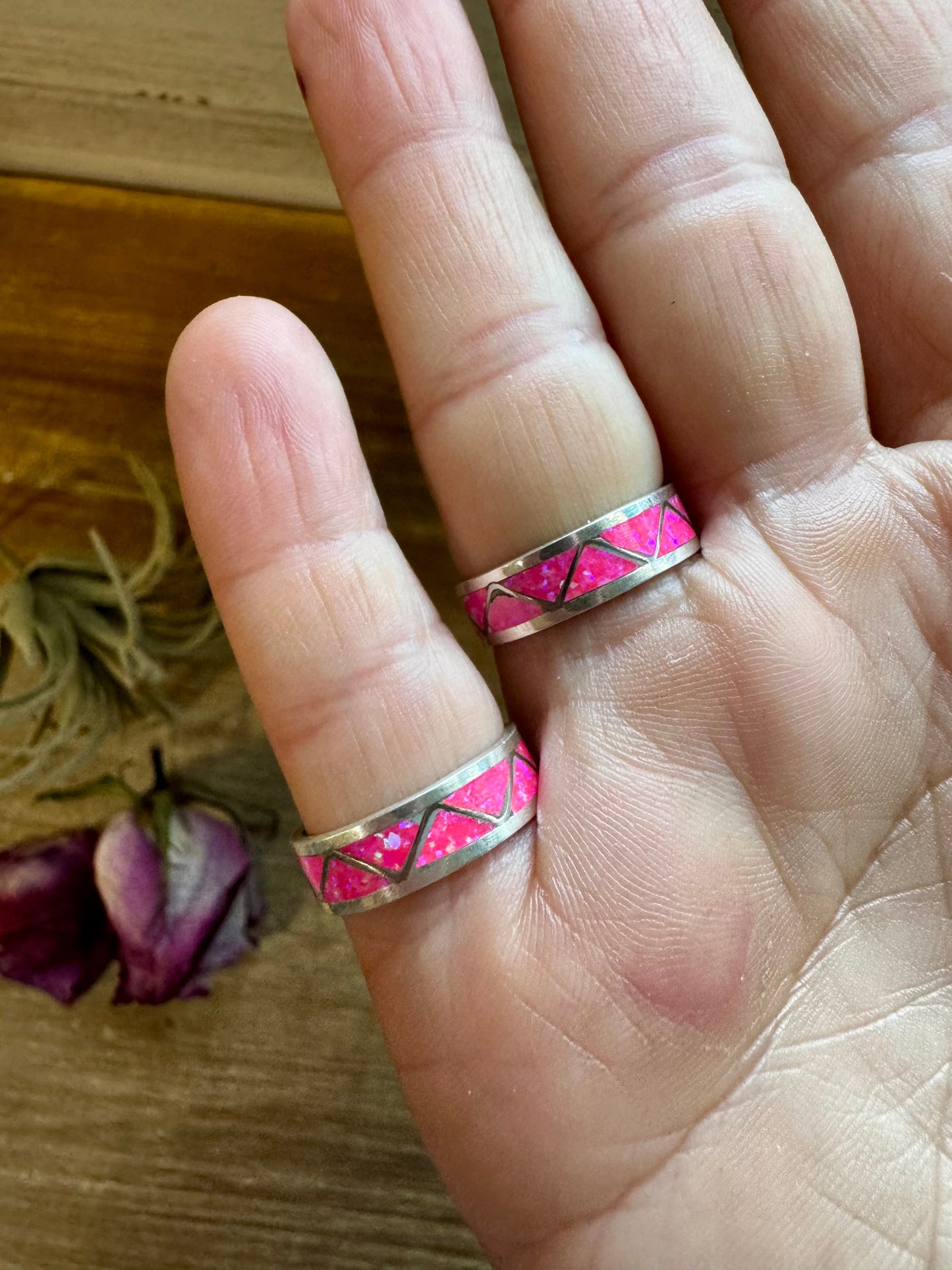 Pink Opal Inlay Band Ring – Sterling Silver  – Sizes 6.5 & 7.5