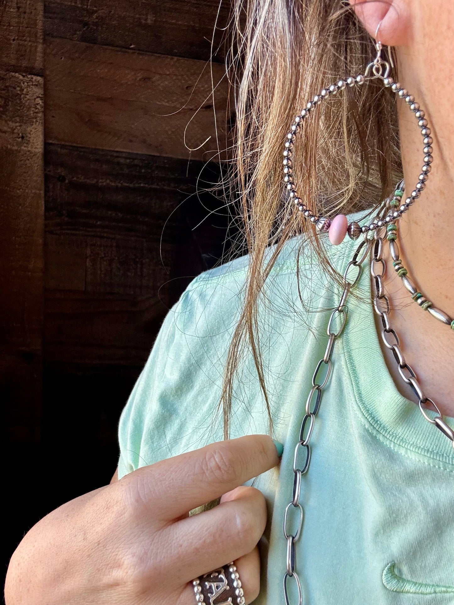 Sterling Silver Pearls Hoops with Pink Conch