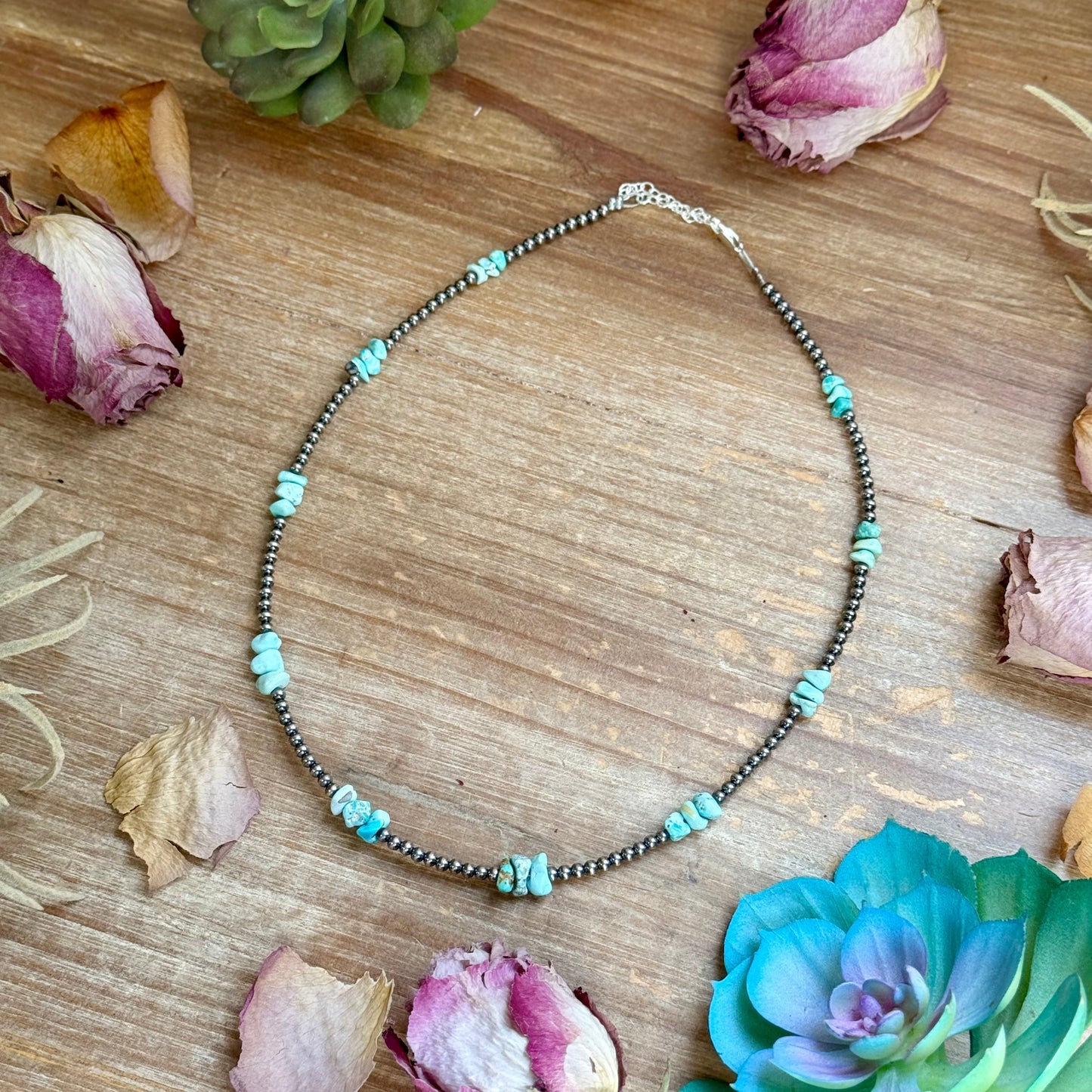 16.5” Sky Blue Lone Mountain Turquoise Nugget Necklace – 3mm Sterling Silver Pearls