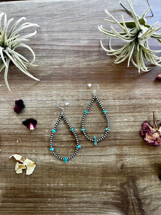 Sterling Silver Pearl Teardrop Earrings with blue turquoise nuggets