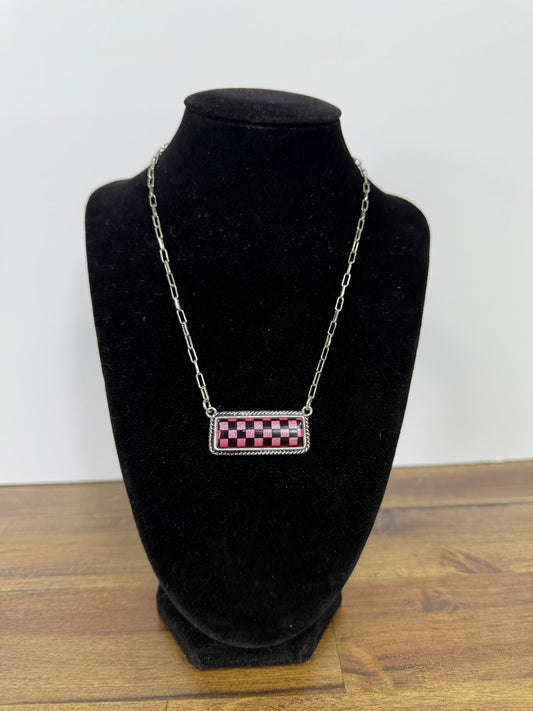 Pink Checkered Bar Necklace