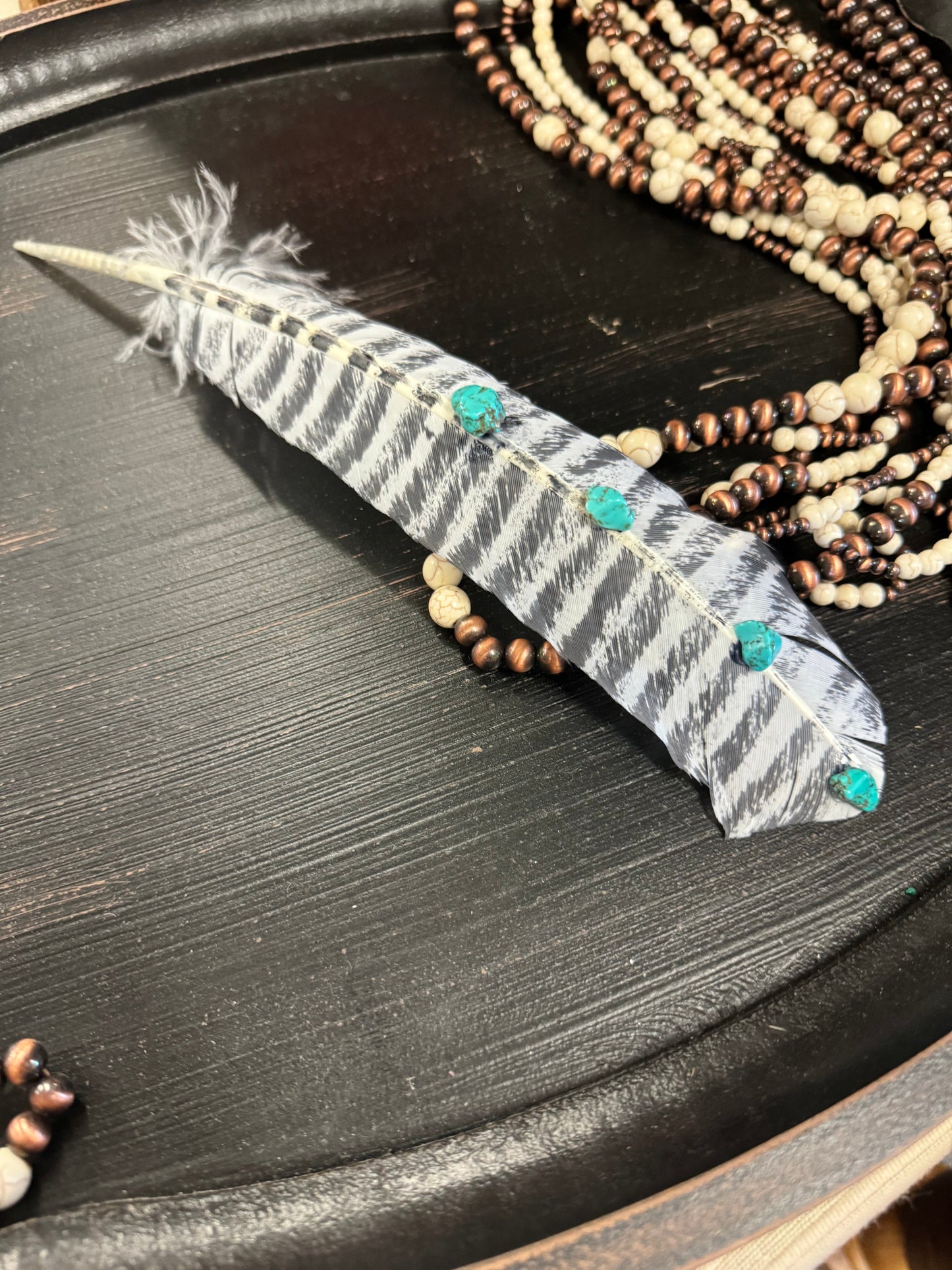 Turquoise Studded Premium White Barred Turkey Feather