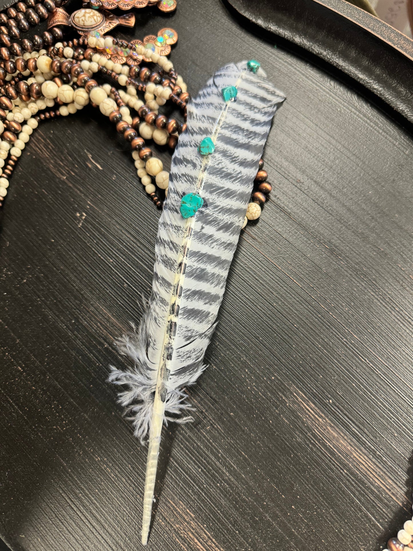 Turquoise Studded Premium White Barred Turkey Feather