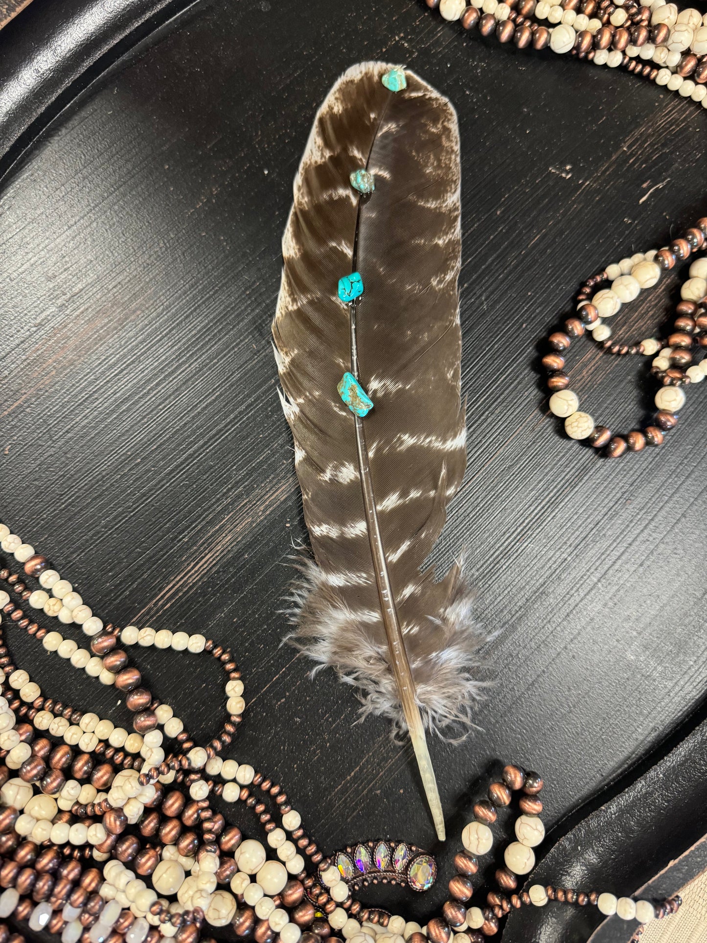 Hand-Studded Natural Barred Turkey Feather with Turquoise Howlite