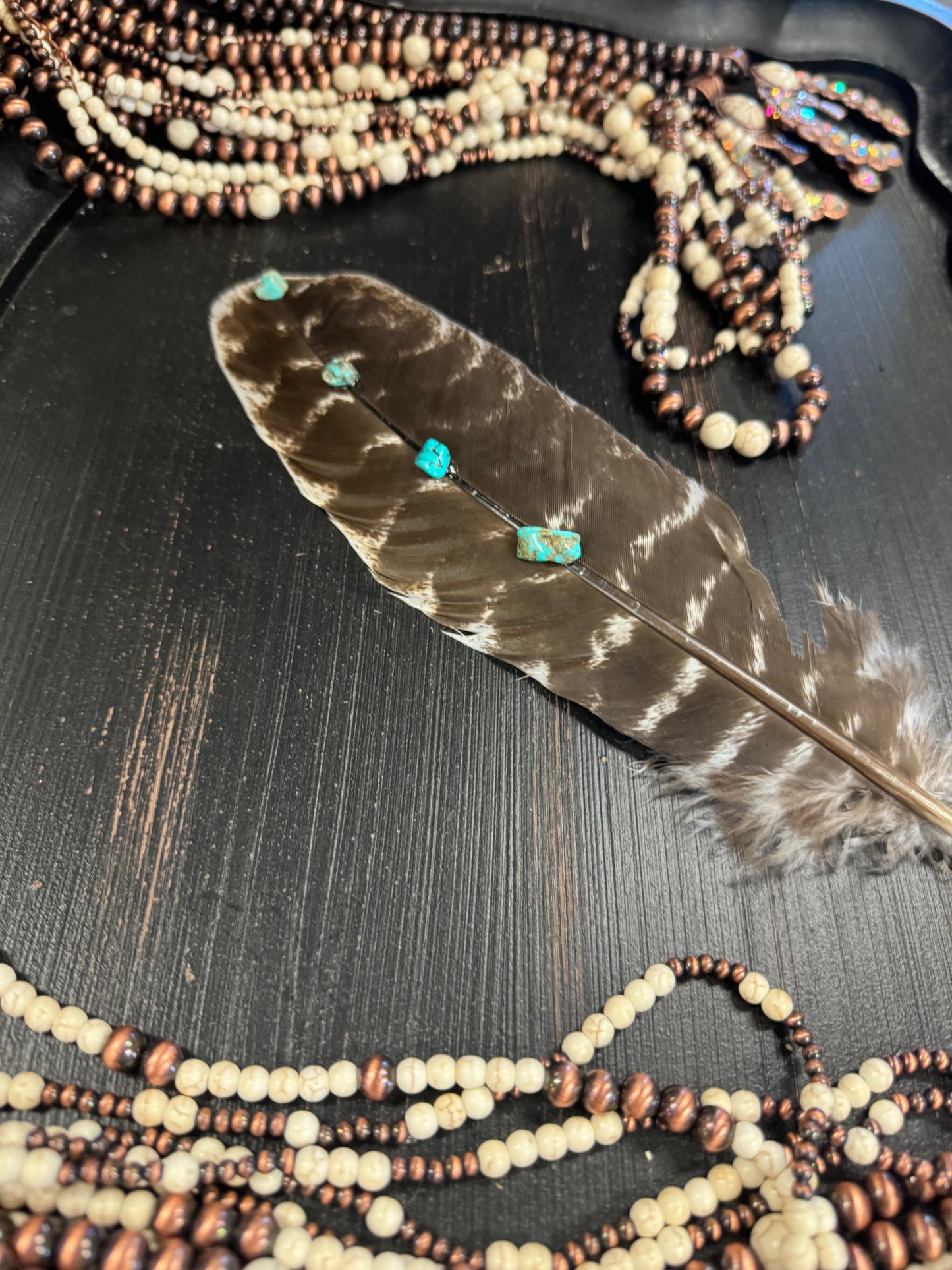 Hand-Studded Natural Barred Turkey Feather with Turquoise Howlite