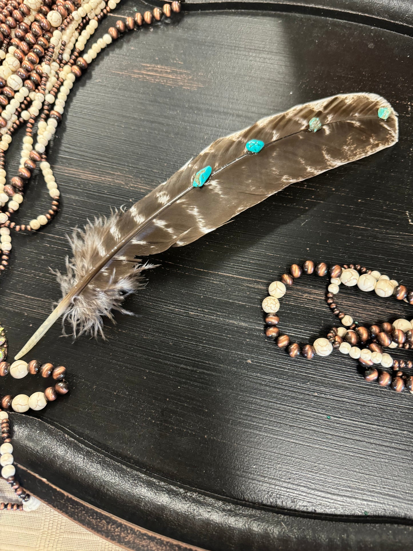 Hand-Studded Natural Barred Turkey Feather with Turquoise Howlite