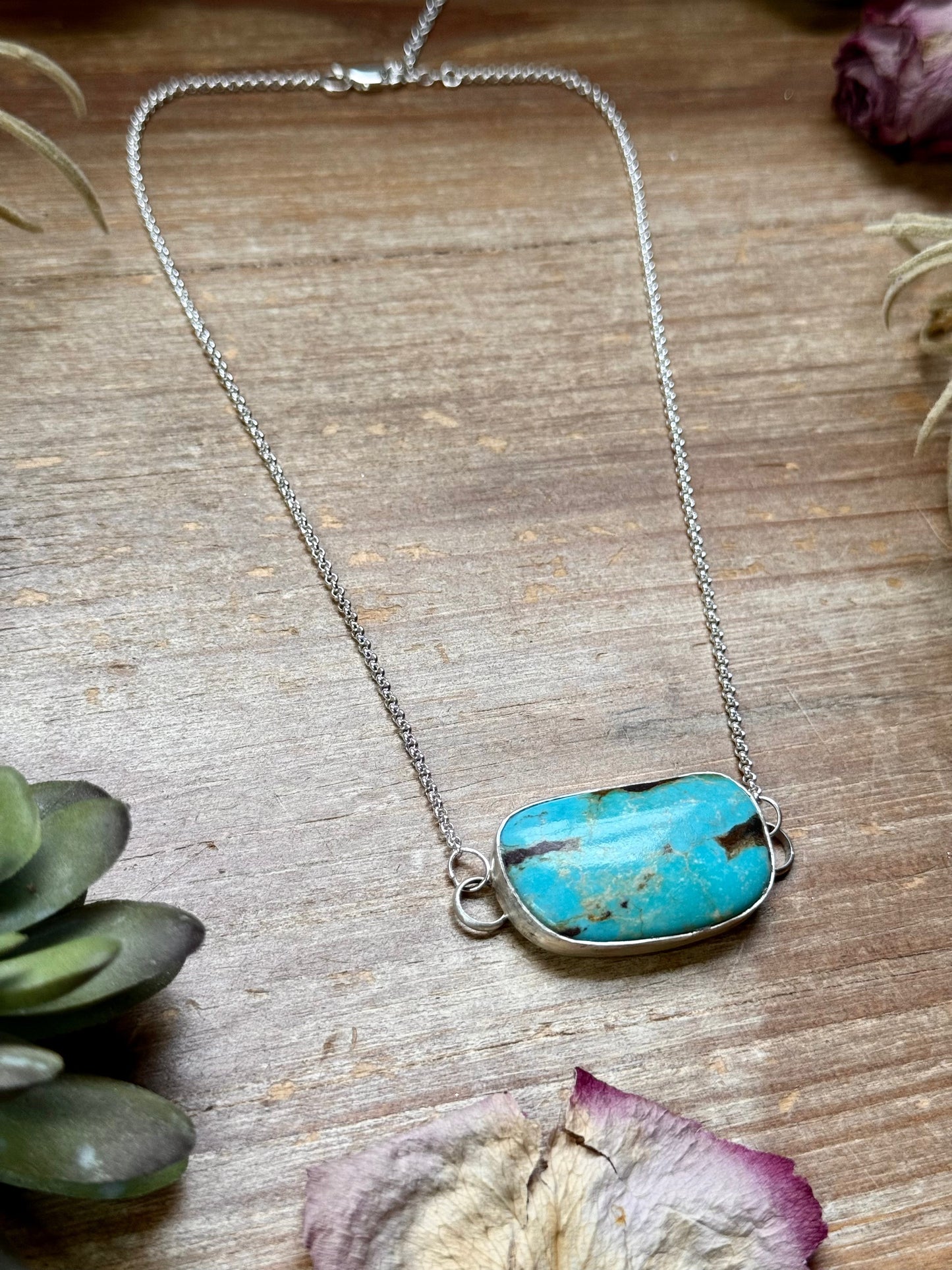Sterling Silver Chain Necklace with Freeform Turquoise Pendant – 16”