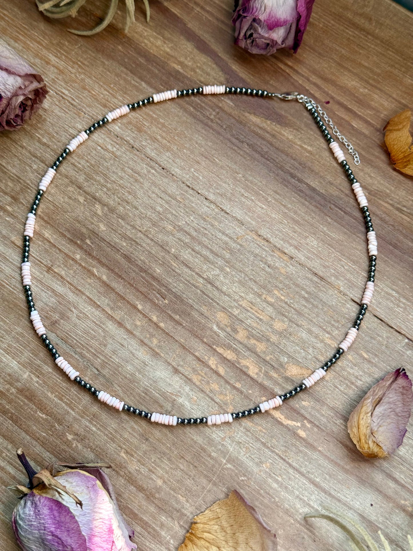 Pink Conch Heishi & 3mm Sterling Silver Pearl Necklace 20 inch