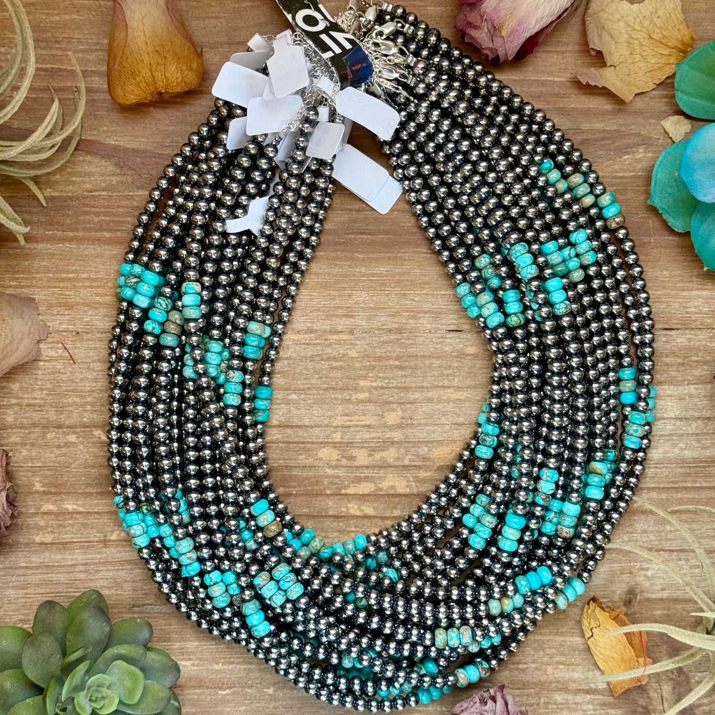 Sterling Silver Pearl Necklace with Turquoise & Variscite Rondelles – 19.5”