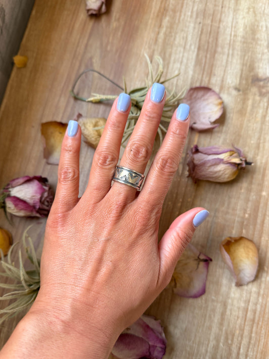 Sterling Silver Hand-Milled Wide Band Aloe Stamped Ring – Size 8.5 – Handmade by Artist Jason Ogg