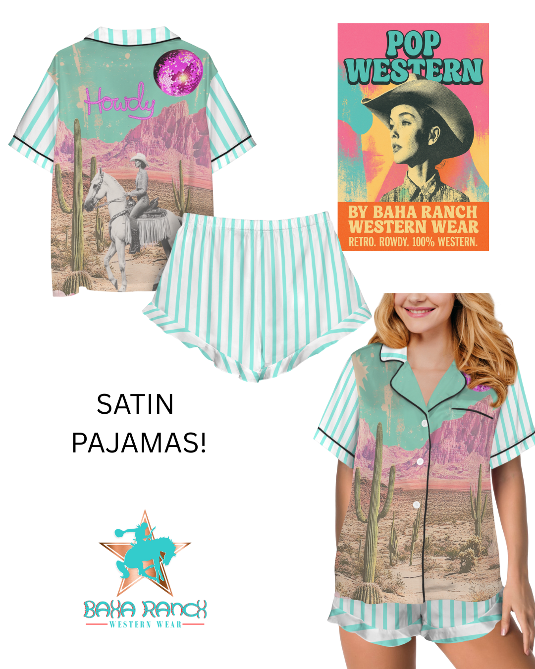 Retro Pop Western Howdy Desert Cowgirl Satin Pajamas