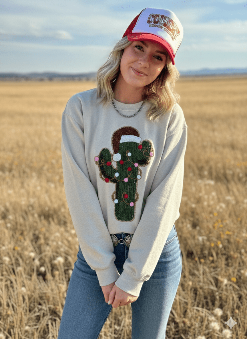 Christmas Cactus Sequins Patch Sweatshirt