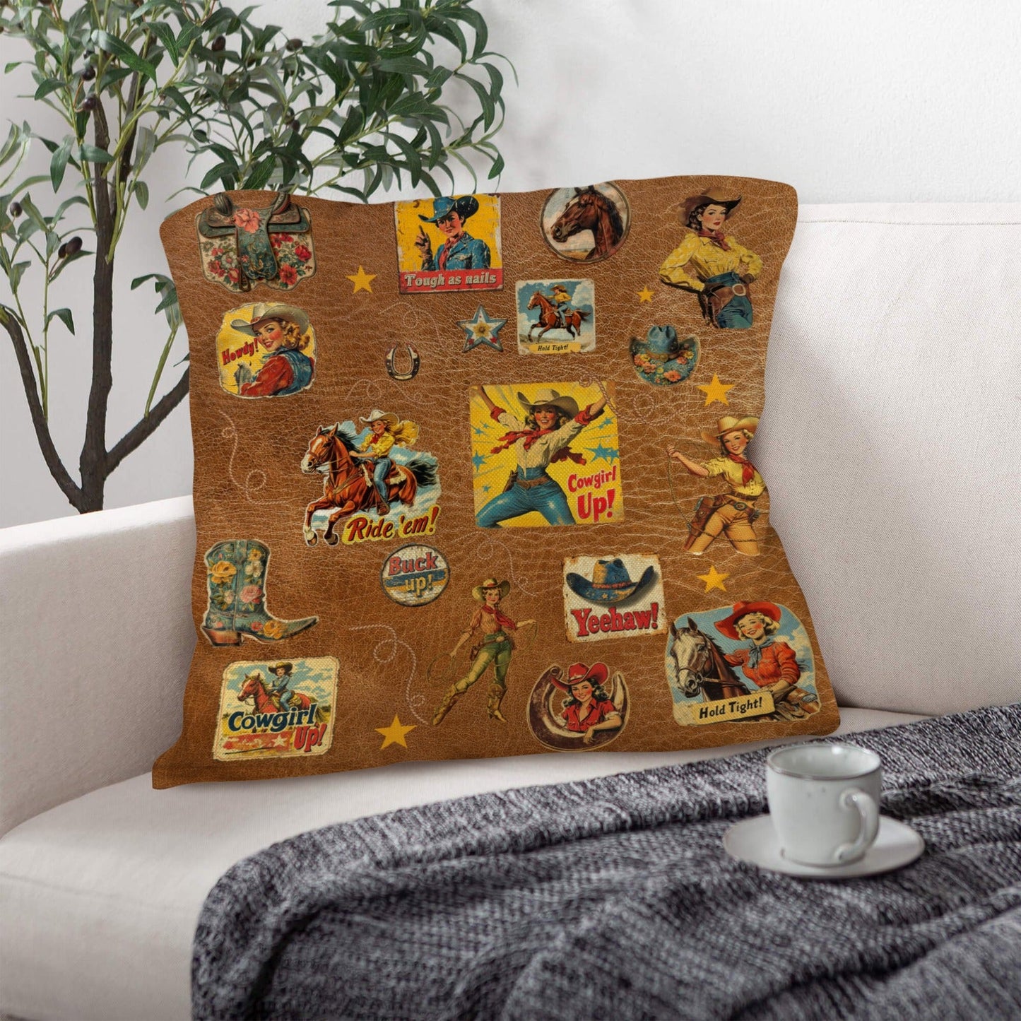 Vintage Cowgirl Collage Square Pillow Case