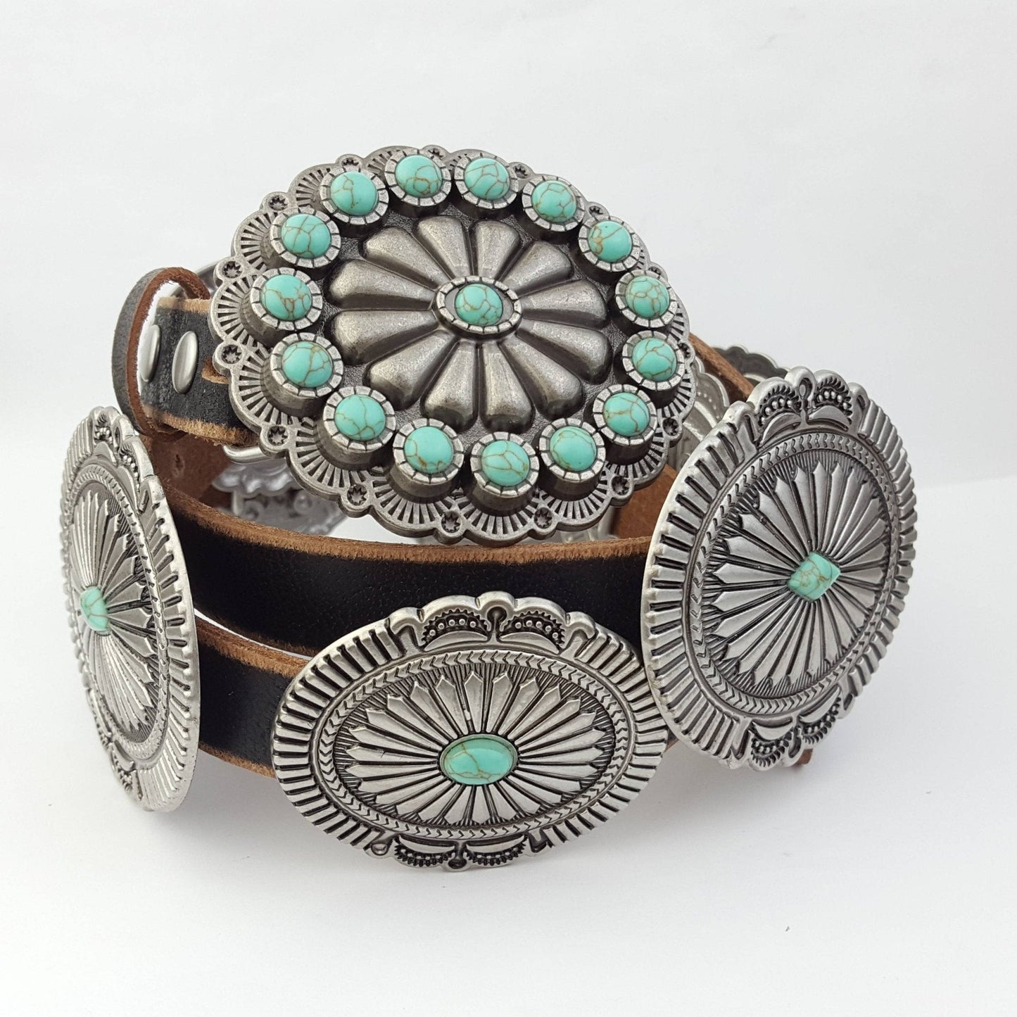 Genuine Distressed Leather Concho Belt with Faux Turquoise