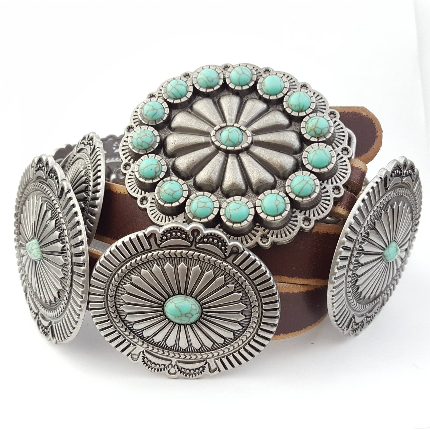 Genuine Distressed Leather Concho Belt with Faux Turquoise
