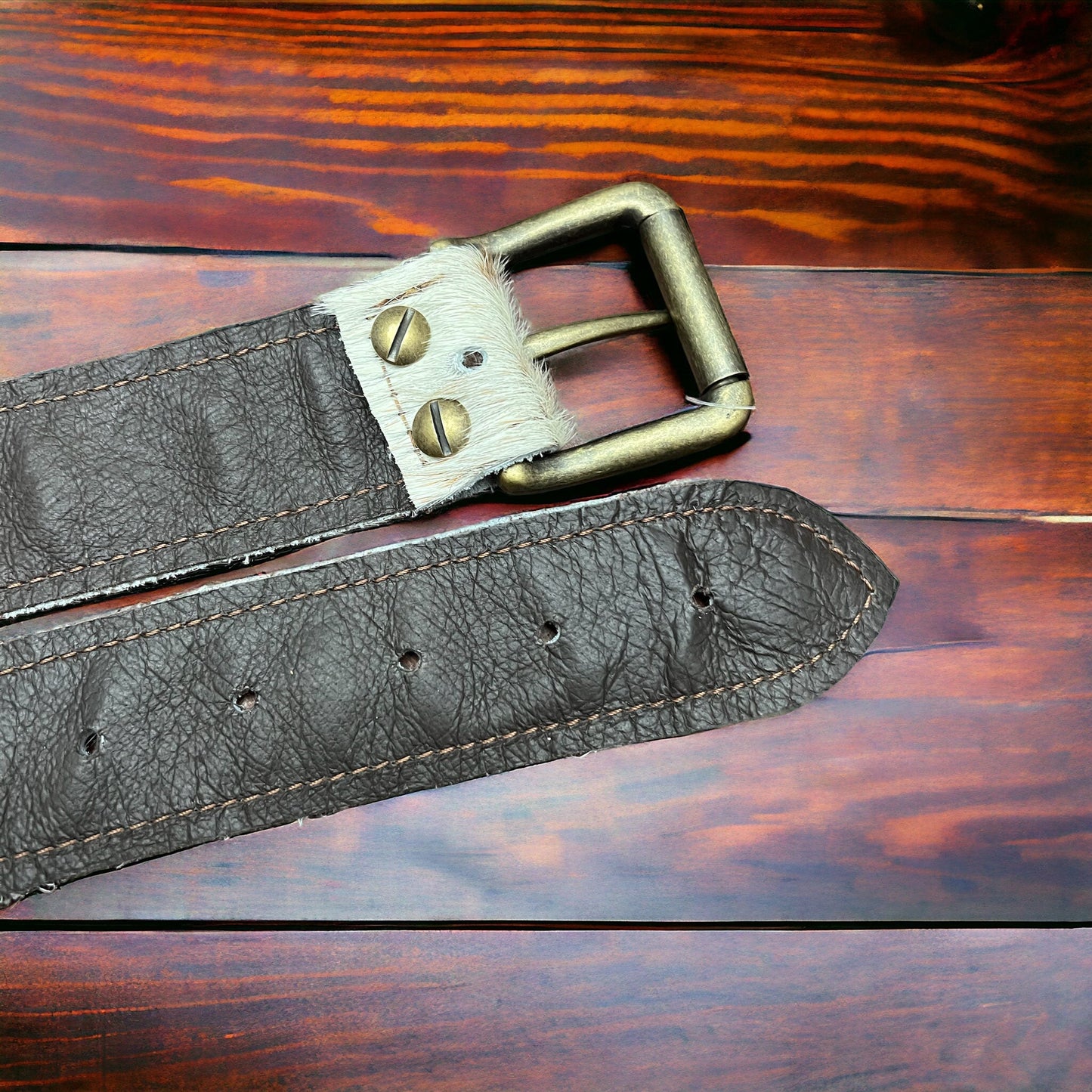 Hair on Hide Tan Brindle Leather Belt with Antique Belt Buckle - Large/XL remains