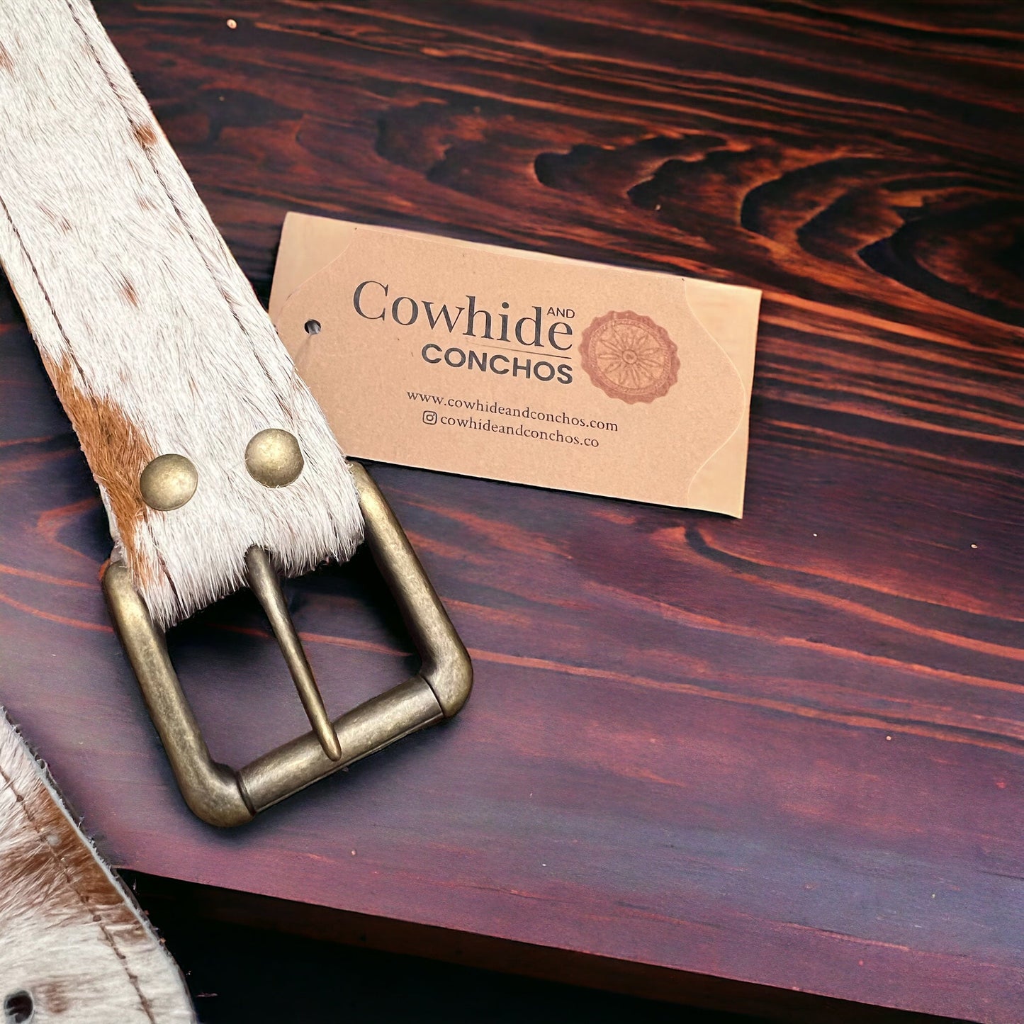 Hair on Hide Tan Brindle Leather Belt with Antique Belt Buckle - Large/XL remains