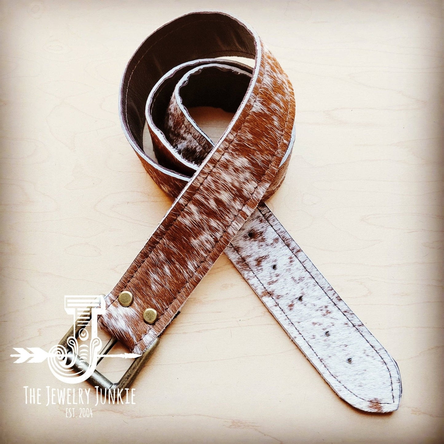 Hair on Hide Tan Brindle Leather Belt with Antique Belt Buckle - Large/XL remains