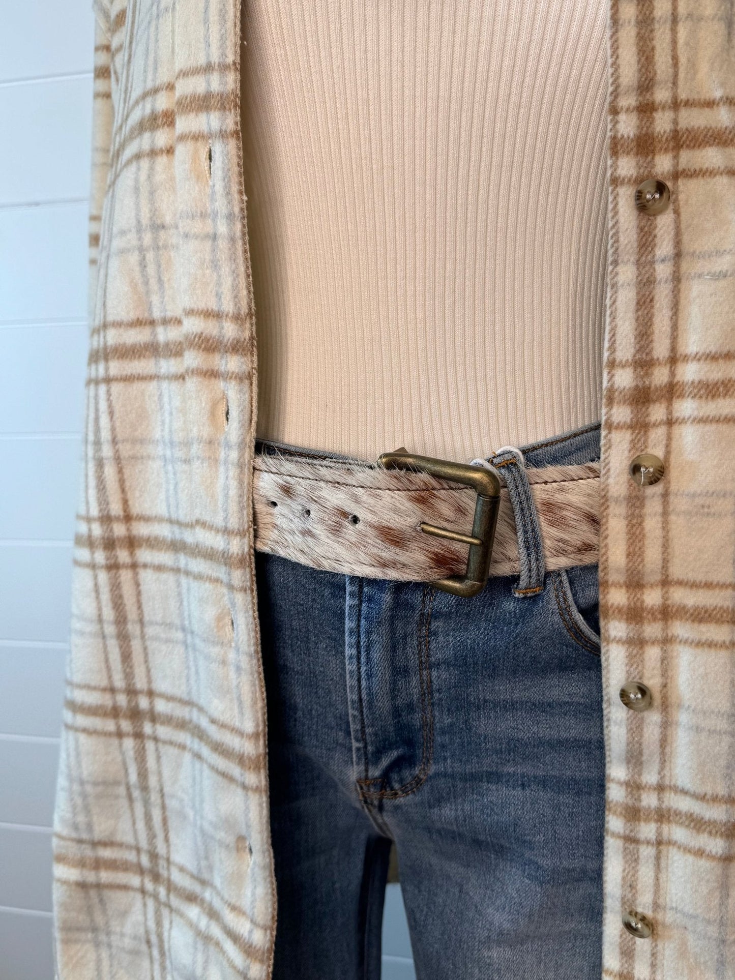 Hair on Hide Tan Brindle Leather Belt with Antique Belt Buckle - Large/XL remains