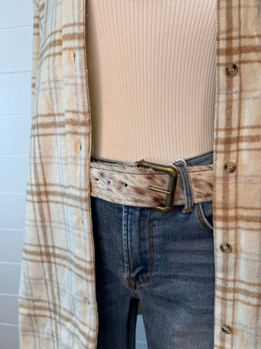 Hair on Hide Tan Brindle Leather Belt with Antique Belt Buckle - Large/XL remains