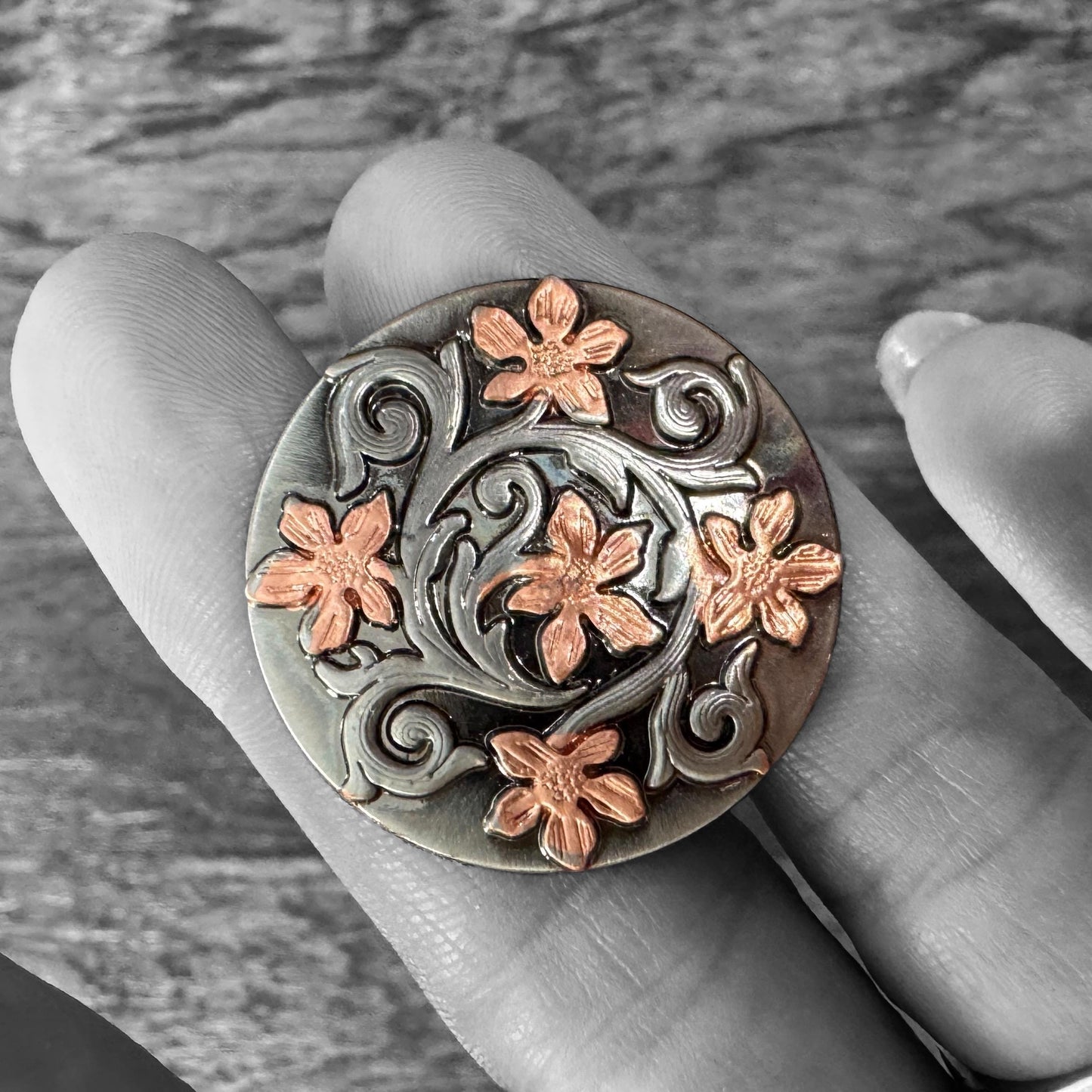 Rose Gold and Antique Silver Floral Wild Rag Slide Keeper Brooch