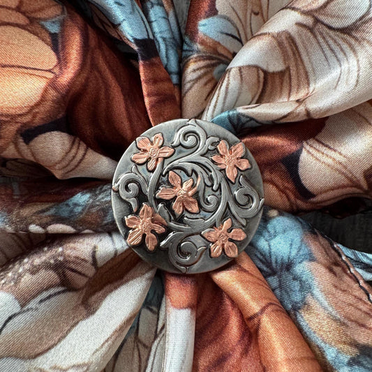 Rose Gold and Antique Silver Floral Wild Rag Slide Keeper Brooch