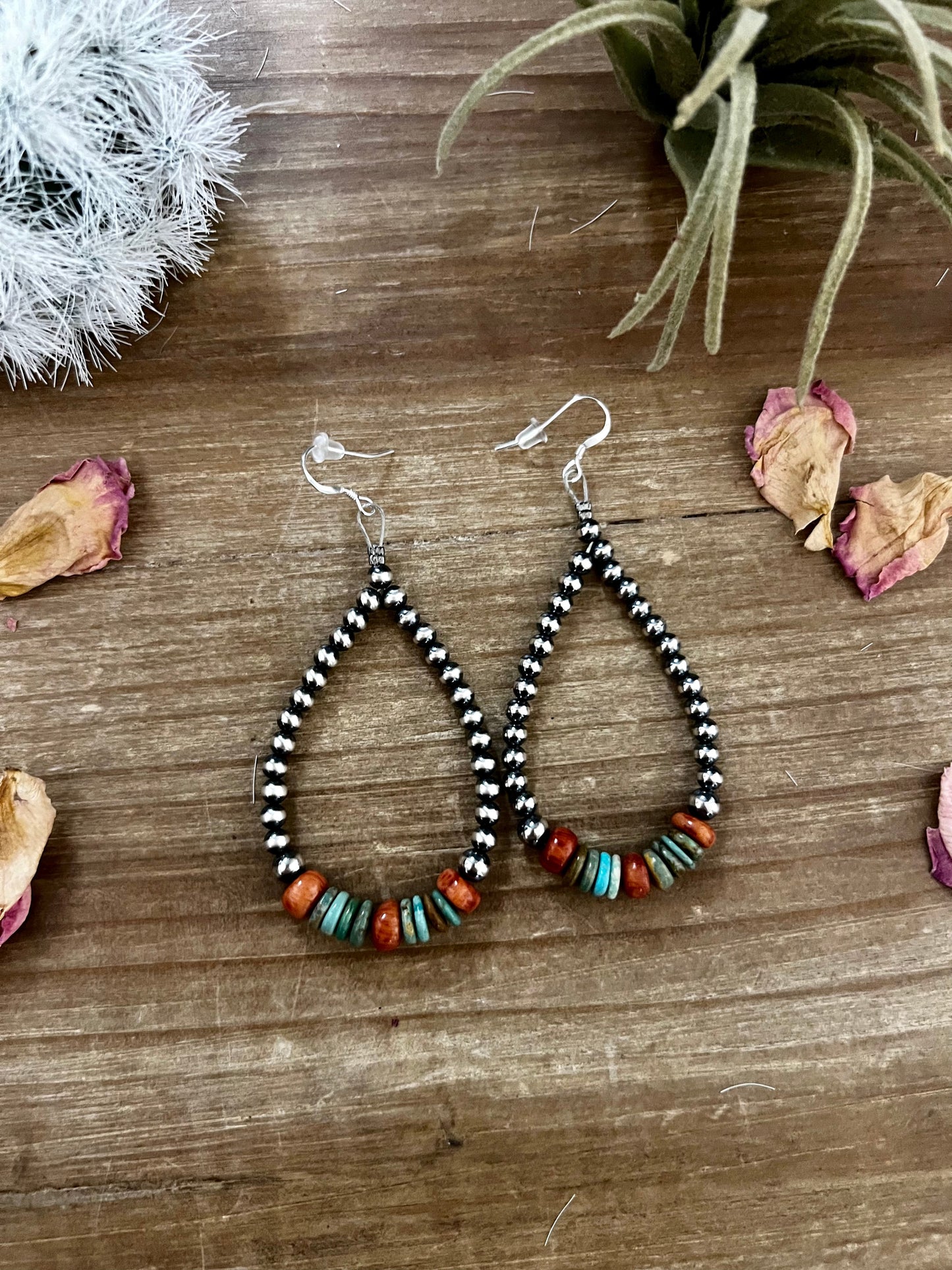 Sterling Silver Pearl Teardrop Earrings with Turquoise and Coral